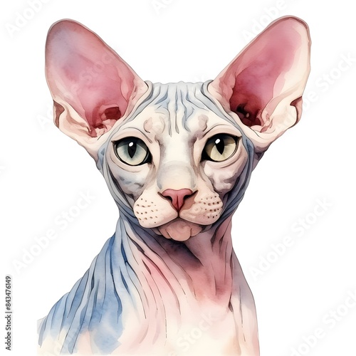 Detailed Watercolor of Sphynx Cat with Wrinkled Skin and Large Ears