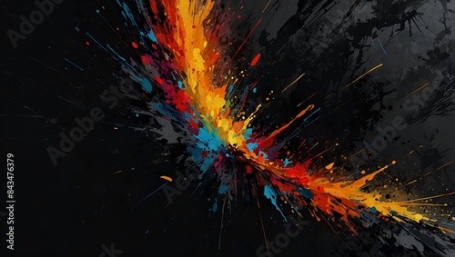 Generative AI Abstract paint splatter on black background. Colorful bursts of paint create a vibrant and dynamic composition.
