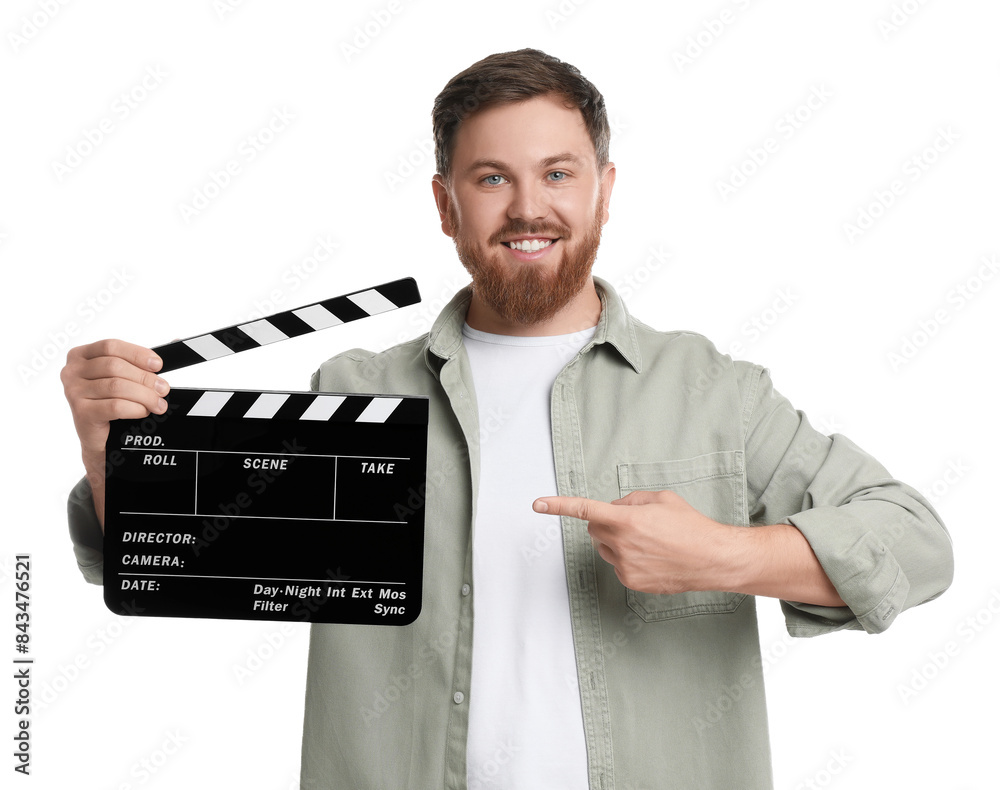 Making movie. Smiling man pointing at clapperboard on white background Making movie. Smiling man pointing at clapperboard on white background