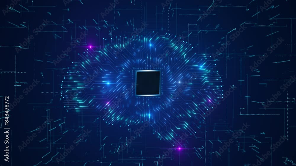 Artificial intelligence brain animation. Futuristic human brain circuit board. HUD technology. AI tech machine learning, face binary flow digital brain big data deep learning computer machine