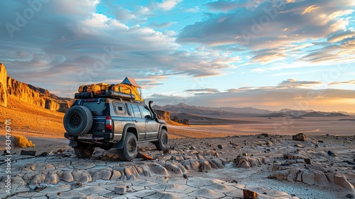 A black SUV with a yellow roof is parked in the desert