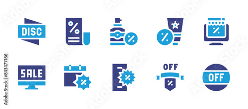 Sales icon set. Duotone color. Vector illustration. Containing phone, suncream, discount, onlinestore, sunscreen, offer, cybermonday. © Huticon