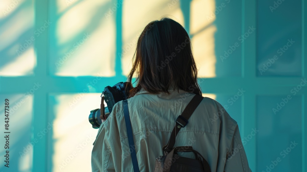 Capturing Wanderlust: Backview of Photographer with Camera in Studio Setting with Travel-themed Graphics