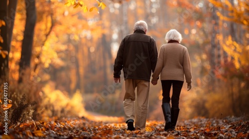 An elderly couple walks hand in hand through a park adorned with autumn leaves, capturing a serene, cinematic moment.