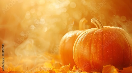 Two ripe pumpkins sit on a bed of fall leaves with a soft, golden glow. photo