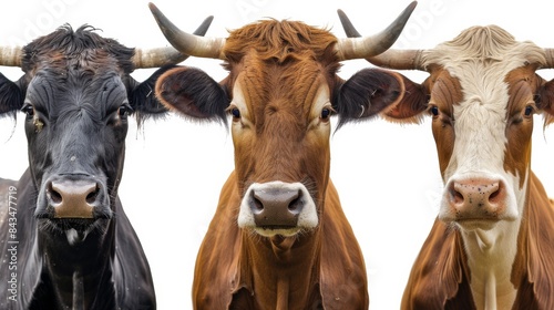 A trio of cows with different coat colors isolated on a transparent background. © Sergey
