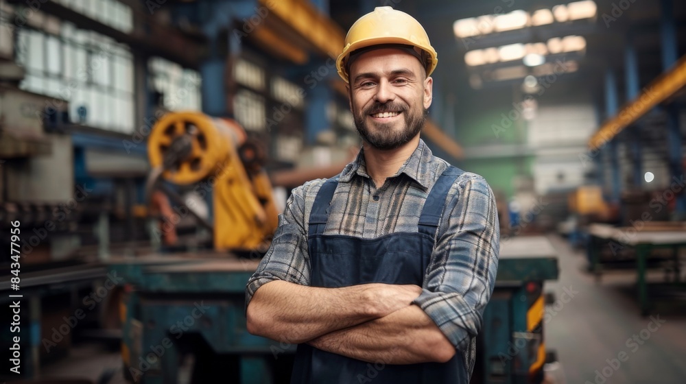 Confident male factory worker in a hard hat and coveralls posing with crossed arms in an industrial environment. Confident male factory worker in a hard hat and coveralls posing with crossed arms in an industrial environment.
