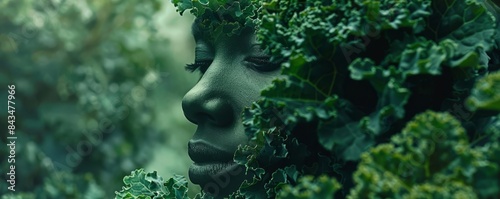Woman's face emerging from lush green foliage. photo
