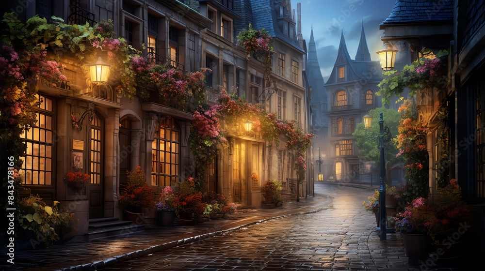 Fototapeta premium A charming European street with cobblestones glistening in the rain, flowers in window boxes, and street lamps casting a warm glow
