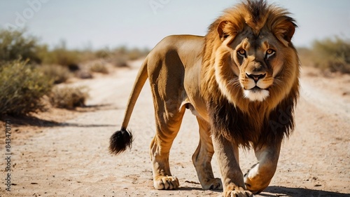 Majestic Lion Walking on a Desert Path | AI-Generated 