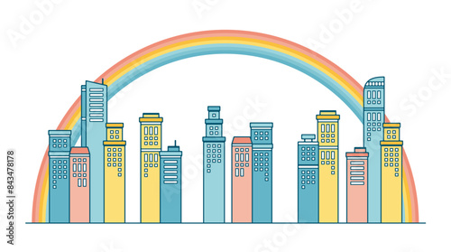 カラフルな虹がかかった都会の高層ビルのパステルカラーの北欧風のかわいいイラスト
