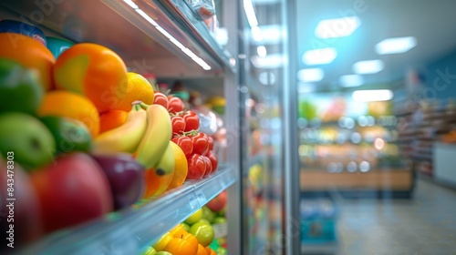 A variety of fresh fruits and vegetables on a refrigerated shelf in a grocery store, with a focus on vibrant colors.