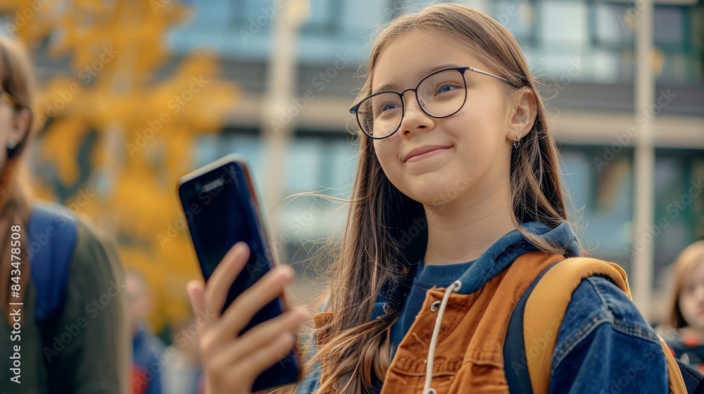 A young girl with glasses smiles as she takes a selfie with a smartphone, with friends in the background. A young girl with glasses smiles as she takes a selfie with a smartphone, with friends in the background.