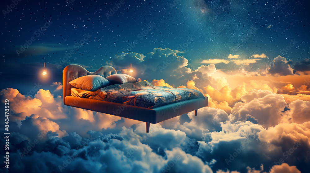 Comfortable bedding or healthy sleeping concept of flying cozy bed on background of amazing night sky Comfortable bedding or healthy sleeping concept of flying cozy bed on background of amazing night sky