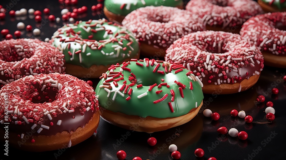 A festive arrangement of donuts with holidaythemed decorations, such as red and green sprinkles and icing designs