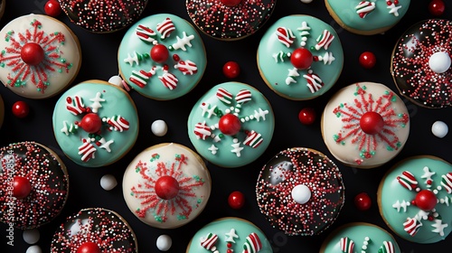 A festive arrangement of donuts with holidaythemed decorations, such as red and green sprinkles and icing designs photo