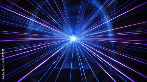 Intense blue and violet laser beams converging at a single point on a black background, simulating the focal point of high-energy light in a scientific experiment.