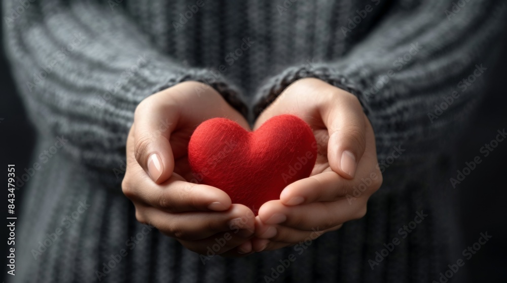 Close-up of a young woman's hands gently holding a red heart, symbolizing healthcare, love, and donation. Close-up of a young woman's hands gently holding a red heart, symbolizing healthcare, love, and donation.