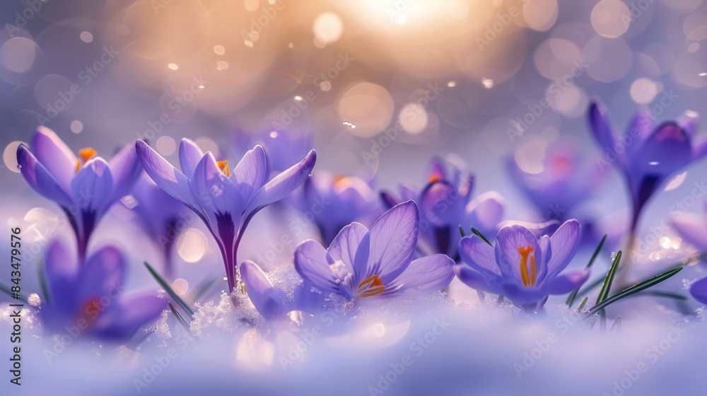 Purple crocuses emerging from snow in the soft glow of sunset, signaling early spring's arrival. Purple crocuses emerging from snow in the soft glow of sunset, signaling early spring's arrival.