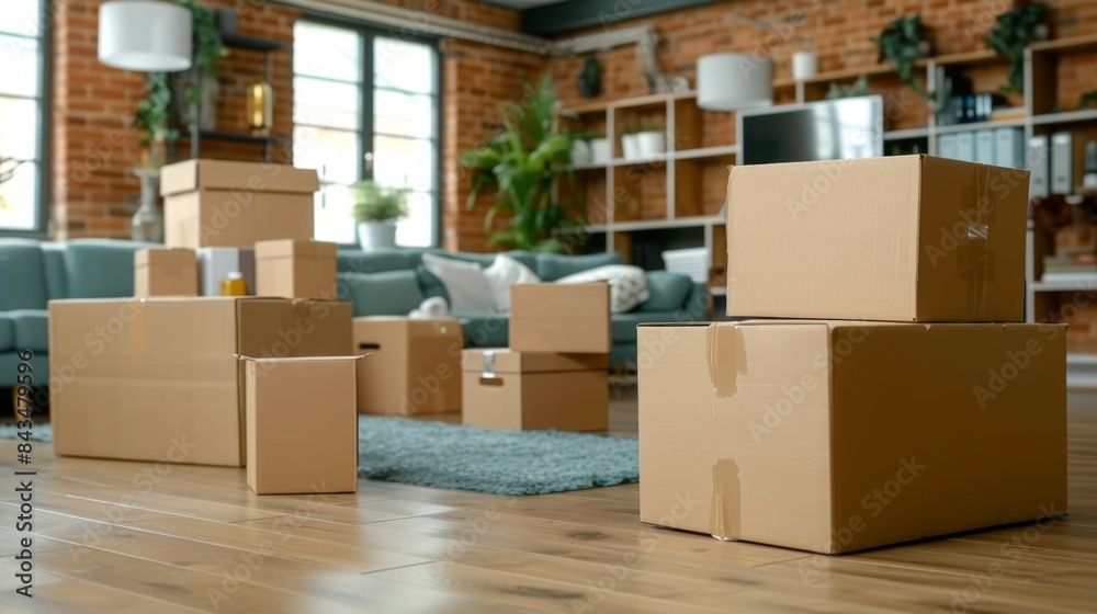 Cardboard boxes in a living room indicating moving or packing with cleaning supplies visible. Cardboard boxes in a living room indicating moving or packing with cleaning supplies visible.