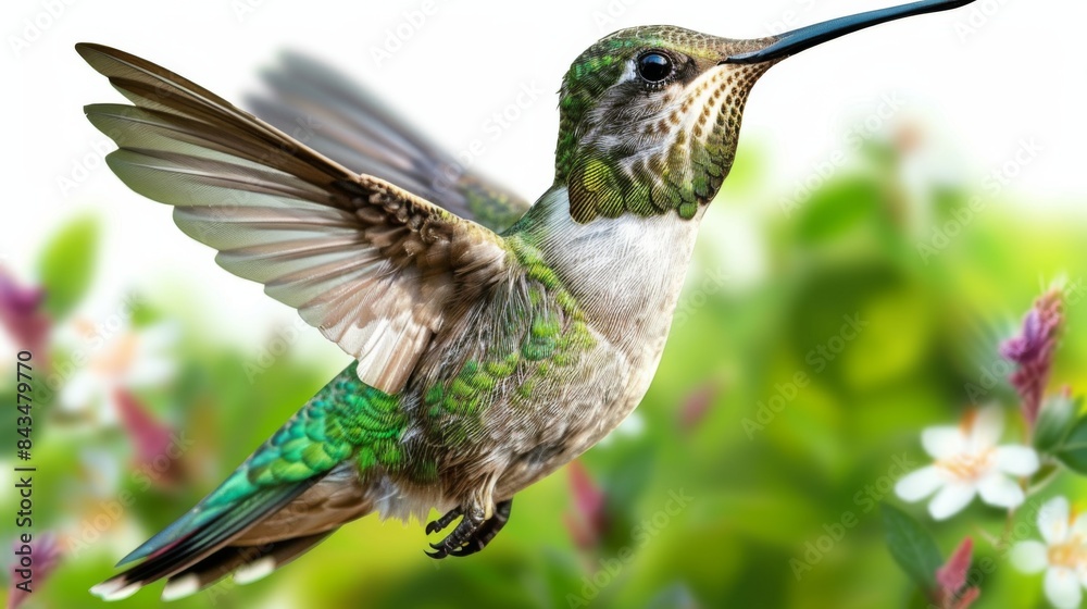 Fototapeta premium A vibrant hummingbird in flight, depicted against a white background with blurred greenery and flowers.
