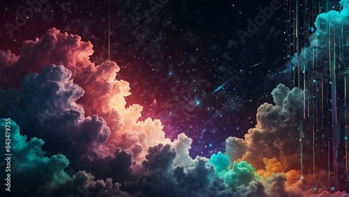Generative AI Clouds and stars in the night sky with a rainbow arching across, creating a magical and serene atmosphere.