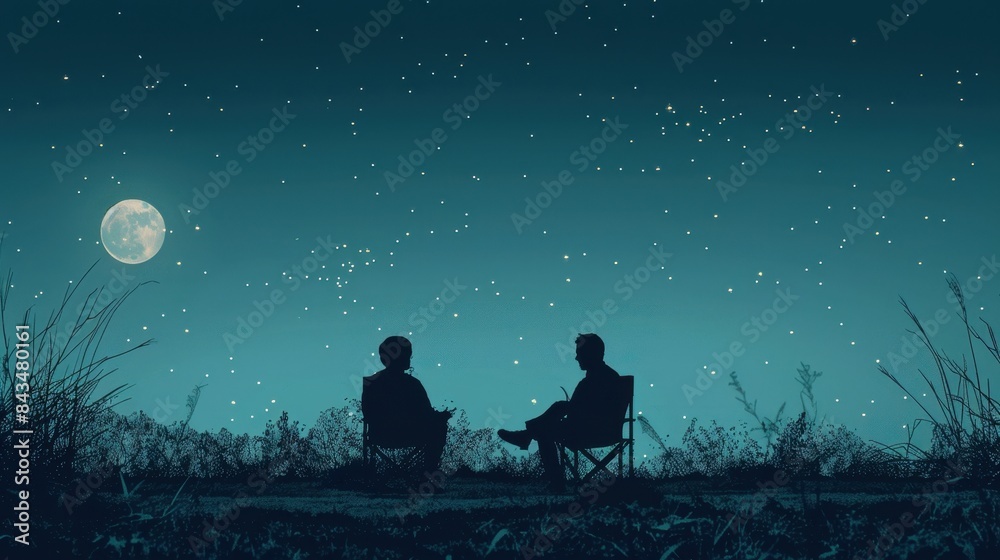 A man and a woman are sitting on a bench in a field at night A man and a woman are sitting on a bench in a field at night