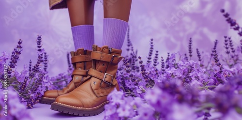 woman legs in lilac wool socks and brown boots on lilac background with lavender photo