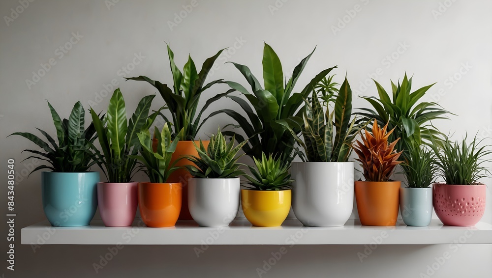 Generative AI Colorful pots with various plants, including succulents, cacti, and flowers, lined up neatly in a row. Generative AI Colorful pots with various plants, including succulents, cacti, and flowers, lined up neatly in a row.