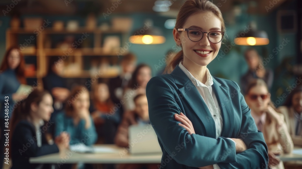 A confident young woman with glasses smiling in a busy office or workshop environment, arms crossed, wearing a smart blazer. A confident young woman with glasses smiling in a busy office or workshop environment, arms crossed, wearing a smart blazer.