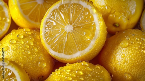 Close-up of fresh lemons with water droplets, highlighting their vibrant yellow texture and juiciness. photo