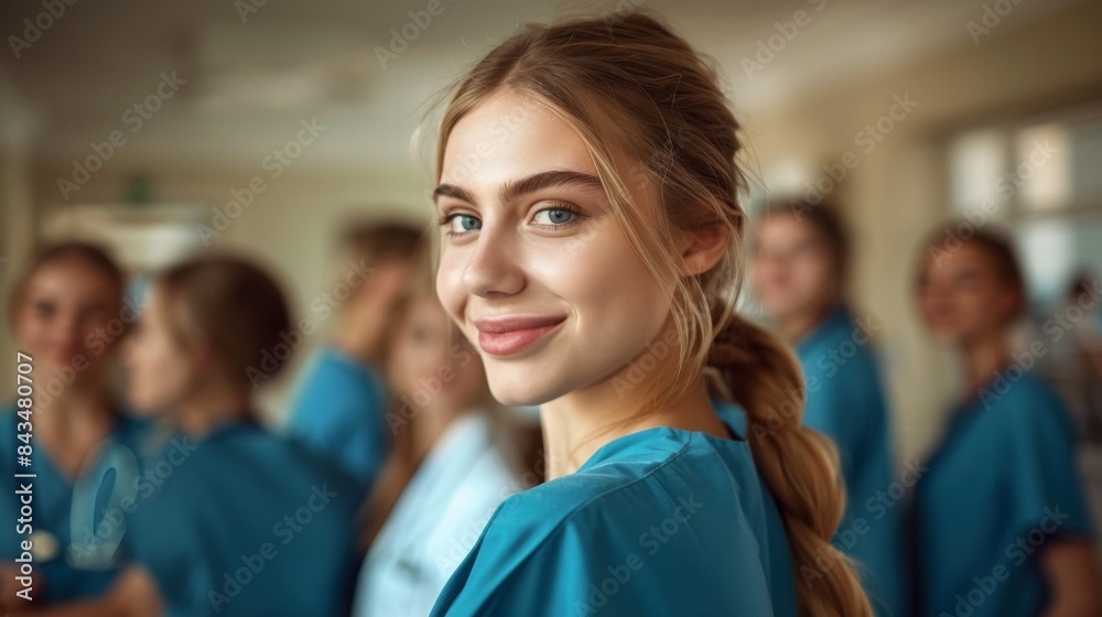 A young nursing student smiling, standing with peers in the background. A young nursing student smiling, standing with peers in the background.