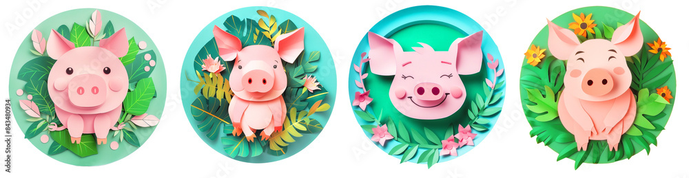 Obraz premium Papercraft set. Happy piggy, vegan, vegetarian concept.