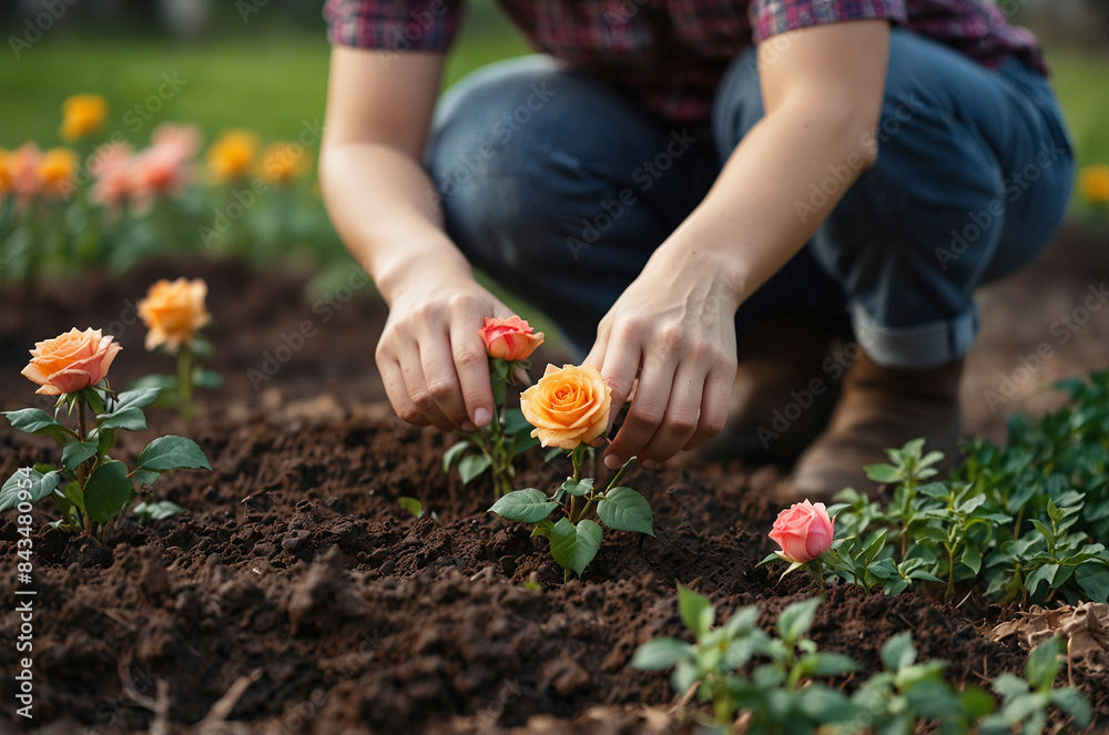 Hands Planting Beautiful Peach and Pink Roses in a Flourishing Garden Hands Planting Beautiful Peach and Pink Roses in a Flourishing Garden