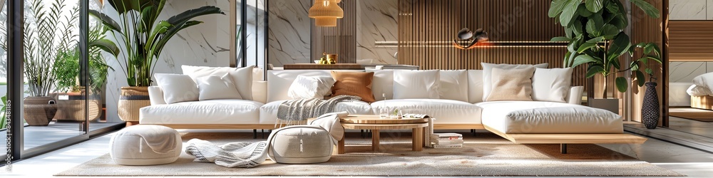 Modern open space interior with designer modular sofa, furniture, wooden coffee tables, blanket, pillows, tropical plants and elegant accessories. Modern open space interior with designer modular sofa, furniture, wooden coffee tables, blanket, pillows, tropical plants and elegant accessories.