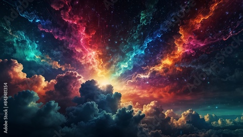 Generative AI V1: Vibrant clouds and stars in the night sky, creating a colorful and mesmerizing celestial display.