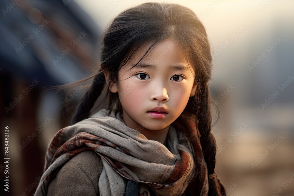 Touching portrait of an Asian girl, looking straight at the camera with a serene expression and large, expressive eyes, captured in a natural setting with a soft background blur. Touching portrait of an Asian girl, looking straight at the camera with a serene expression and large, expressive eyes, captured in a natural setting with a soft background blur.