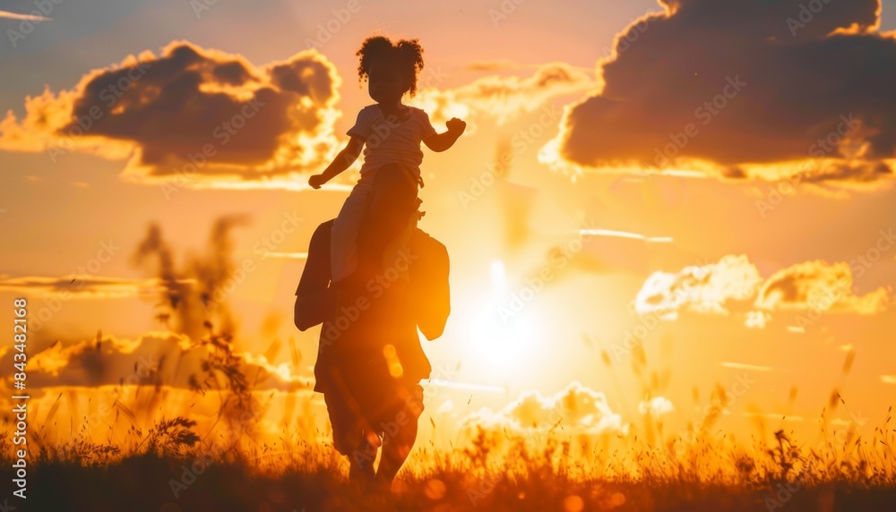 Obraz premium Joyful African Family: Father and Daughter Embrace Nature's Beauty at Sunset