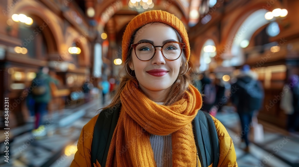Portrait of a smiling young woman with glasses, wearing a yellow beanie and scarf, inside a bustling building.