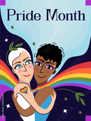 Interracial LGBTQ men in romantic relationships. Colorful male background in cartoon style. Vector card Pride Month