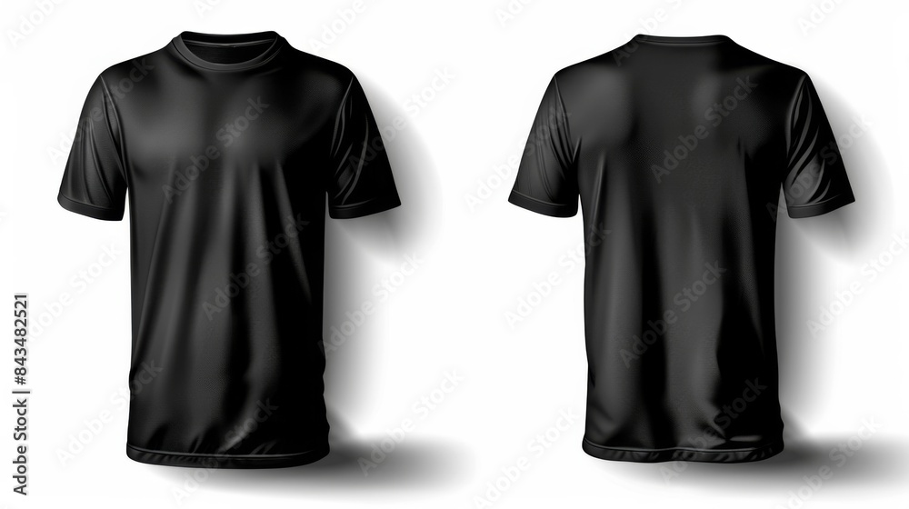 Blank black t-shirt mockup template in front and back view, isolated on a white background with a shadow.