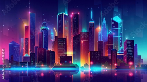 A sophisticated vector cityscape illuminated by neon lights  featuring contemporary architecture and a futuristic feel suitable for a tech business background.