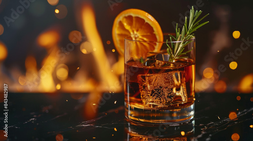 Whiskey being poured from a bottle into a glass on a wooden surface, with sliced lemon nearby