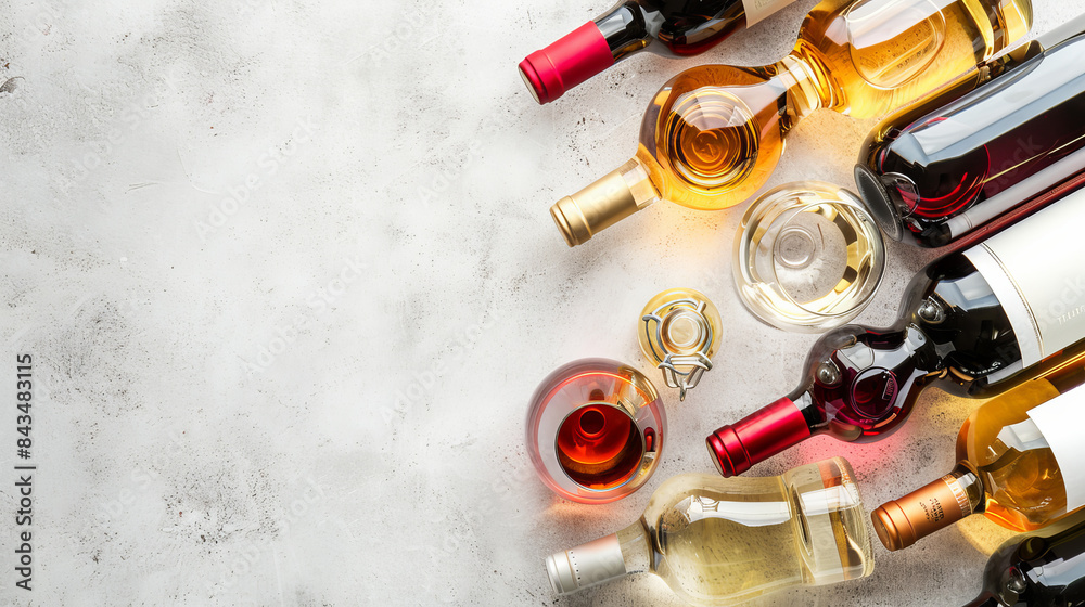 Wine bottles and a glass on a table, viewed from above Wine bottles and a glass on a table, viewed from above