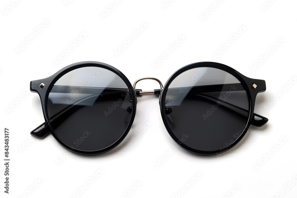 Stylish black sunglasses isolated on white background, top view Stylish black sunglasses isolated on white background, top view