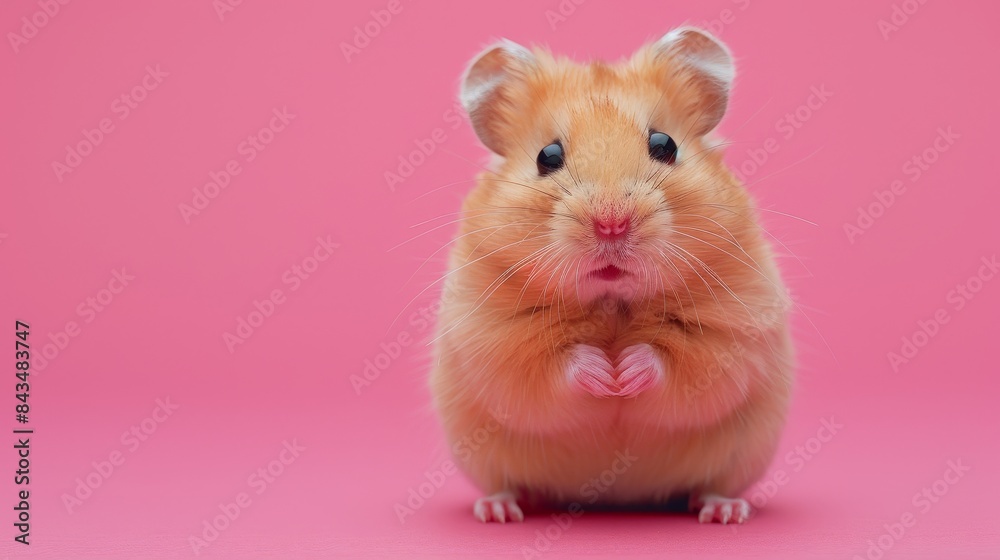 A curious hamster peeking out from a solid pastel pink background with space above for text A curious hamster peeking out from a solid pastel pink background with space above for text