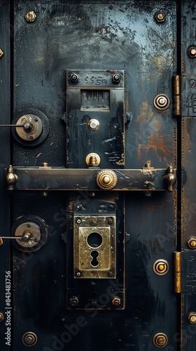 A close up of a vintage safe door with a variety of locks and a large handle.