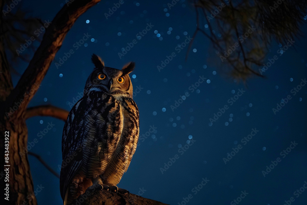 A beautiful eagle owl sits on a branch at night, its eyes glow. Dark sky, stars, silhouettes of trees. Night photography, dramatic.