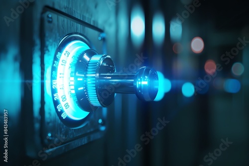 A closeup of a blue glowing combination lock on a metal door.