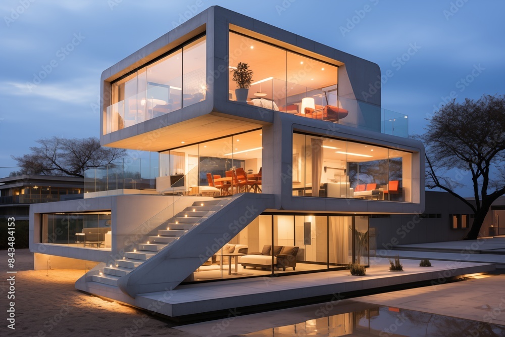 Twilight modernity, home aglow. Twilight modernity, home aglow.